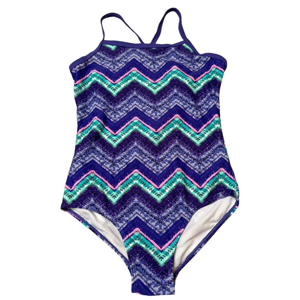 KAMI Girl's One-Piece SWIMSUIT Purple/Pink/Blue Chevron Pattern NEW NWT Size 14